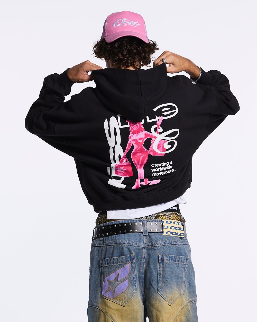 KISS THE BUNNY HOODIE BLACK - black graphic print hoodie, back view on male model - Cold Culture #man