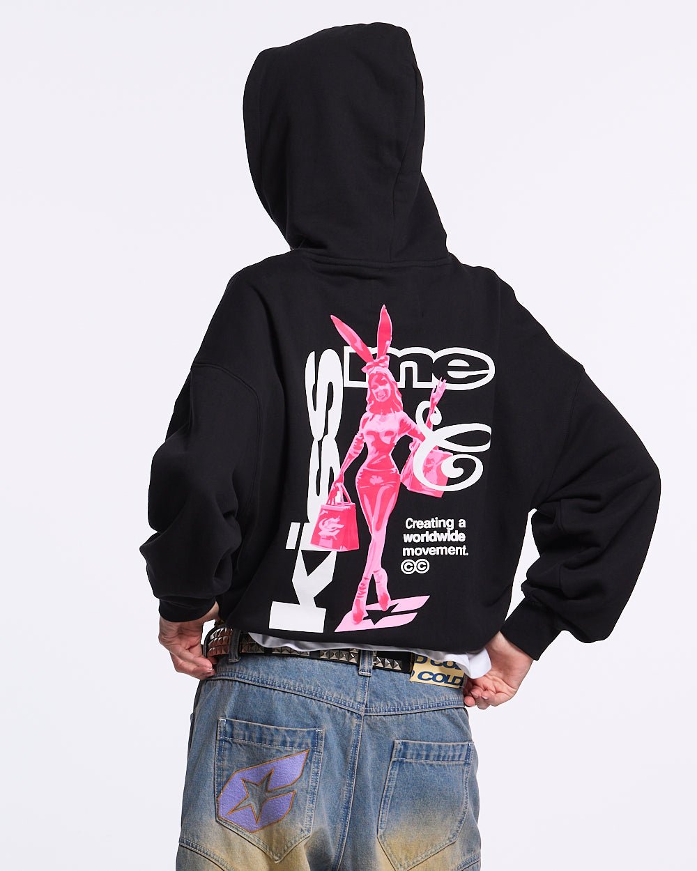 KISS THE BUNNY HOODIE BLACK - black graphic print hoodie, back view on female model - Cold Culture #woman