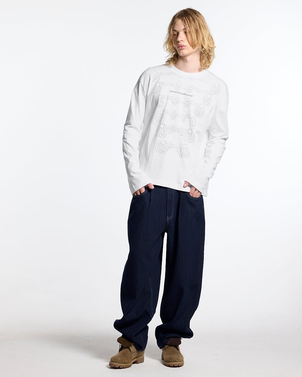 KNOTTING HILL LONGSLEEVE WHITE - white embroidered longsleeve tee, front view on male model - Cold Culture #man