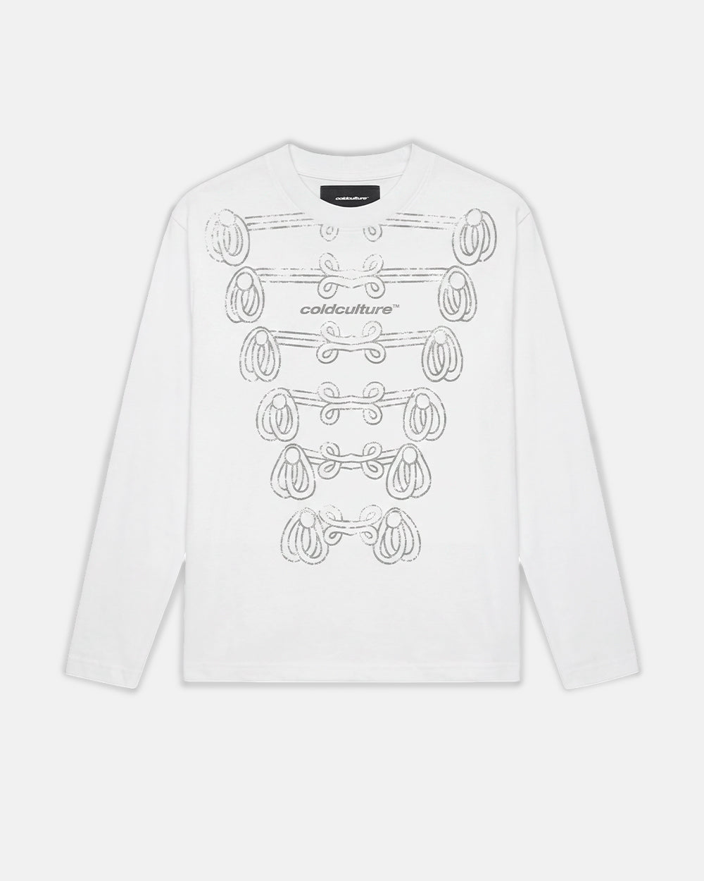KNOTTING HILL LONGSLEEVE WHITE - white embroidered longsleeve tee, front view - Cold Culture #packshot
