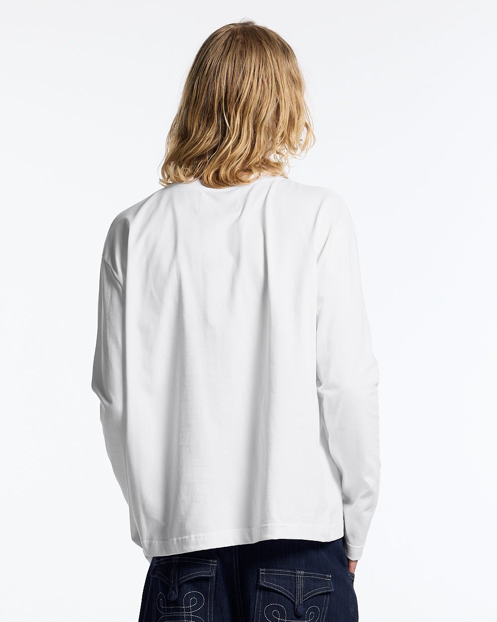 KNOTTING HILL LONGSLEEVE WHITE - white embroidered longsleeve tee, back view on male model - Cold Culture #man