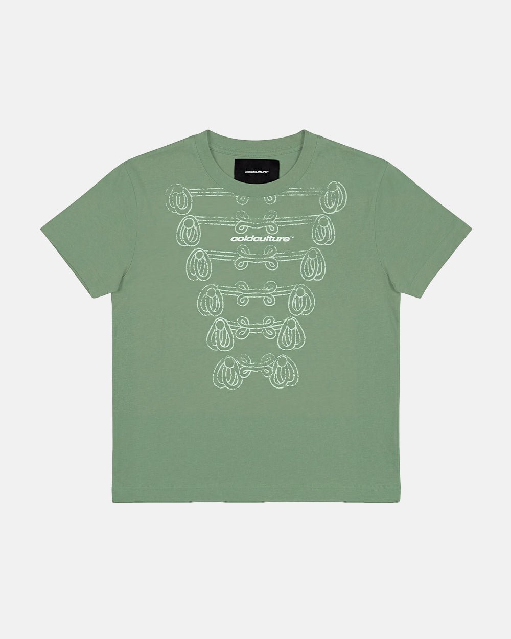 KNOTTING HILL TEE GREEN - sage green embroidered tee, front view - Cold Culture #packshot