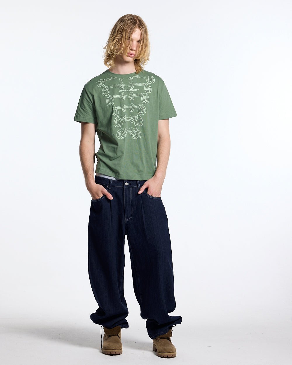 KNOTTING HILL TEE GREEN - sage green embroidered tee, front view on male model - Cold Culture #man