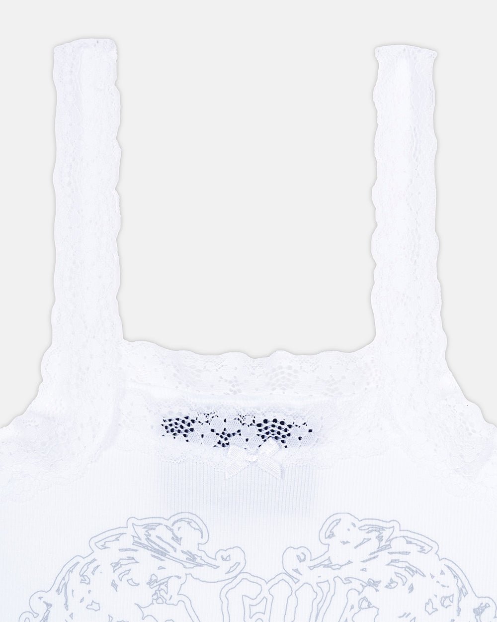 LACE TANK TOP WHITE - white lace trim tank top, detail close-up - Cold Culture