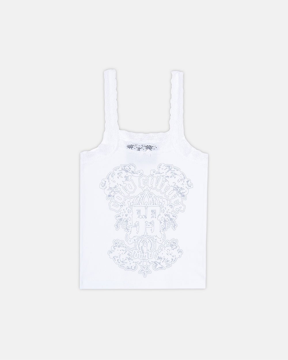 LACE TANK TOP WHITE - white lace trim tank top, front view - Cold Culture #packshot