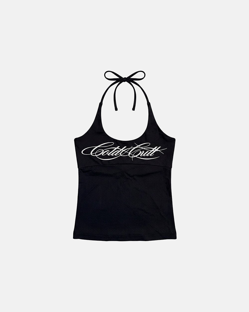 LADY C MESH TOP BLACK - black mesh halter top, front view - Cold Culture #packshot