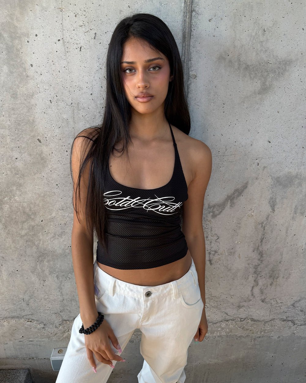 LADY C MESH TOP BLACK - black mesh halter top, street style shot - Cold Culture #woman