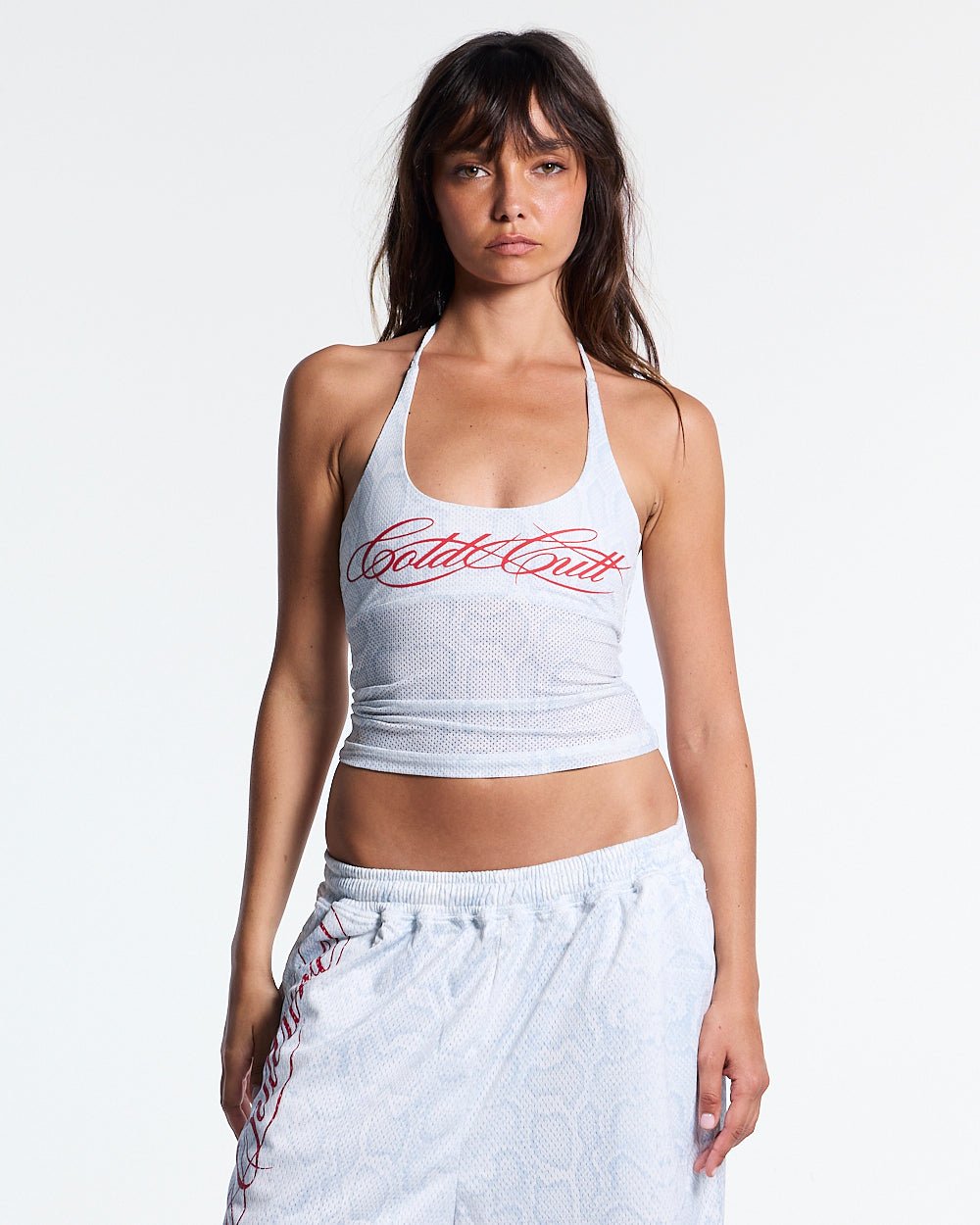 LADY C MESH TOP WHITE - white mesh halter top, front view on female model - Cold Culture #woman