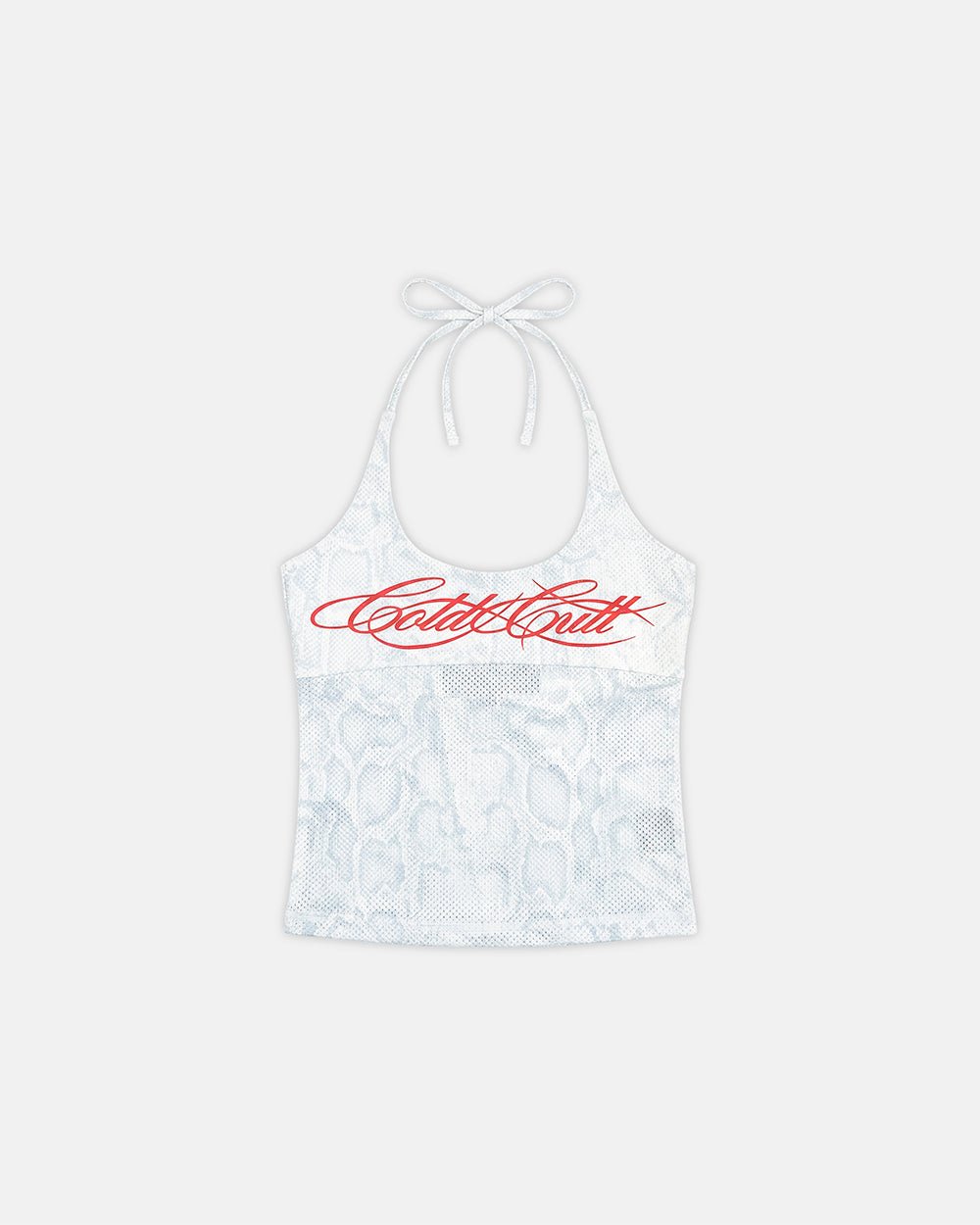 LADY C MESH TOP WHITE - white mesh halter top, front view - Cold Culture #packshot