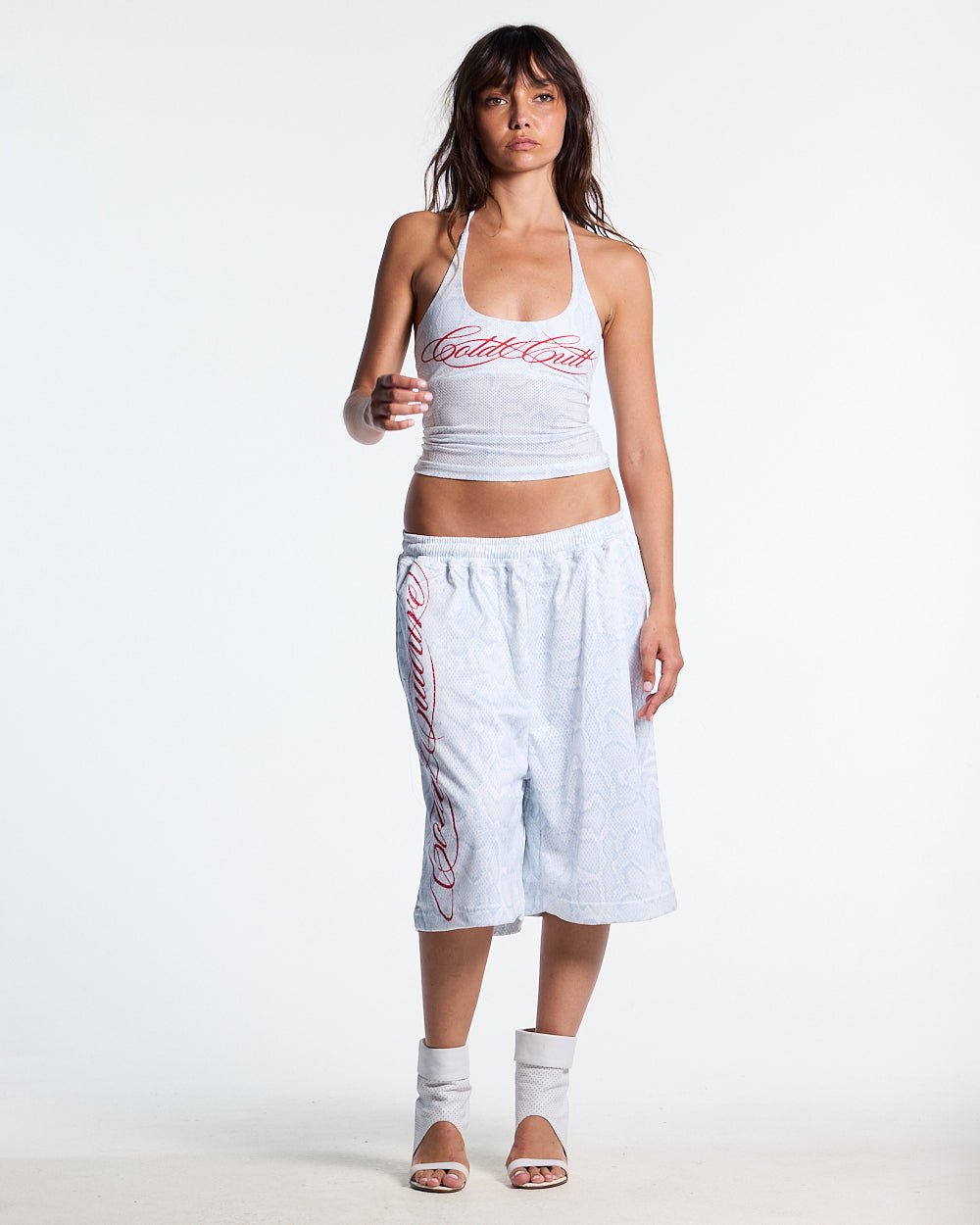 LADY C MESH TOP WHITE - white mesh halter top, front view on female model - Cold Culture #woman