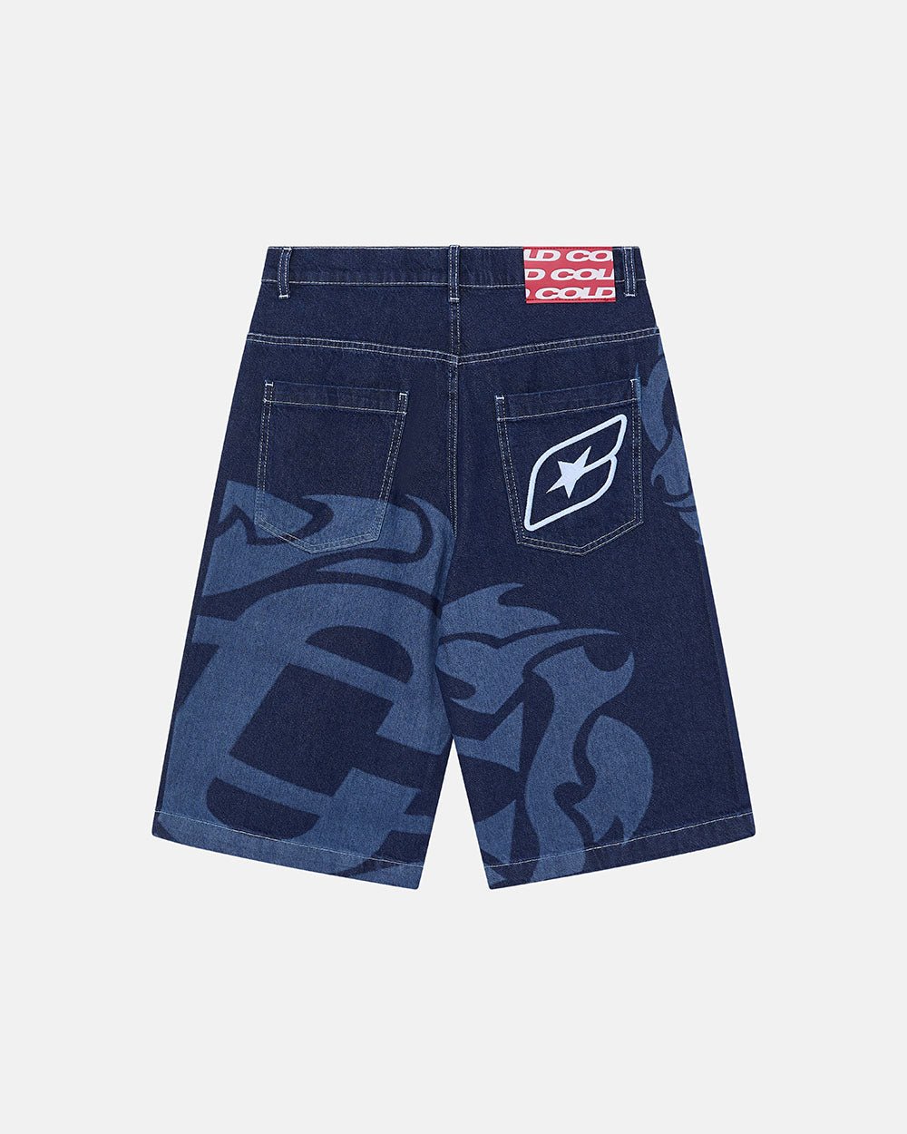 LASER DENIM BLUE JORTS - blue graphic print denim shorts, back view - Cold Culture #packshot