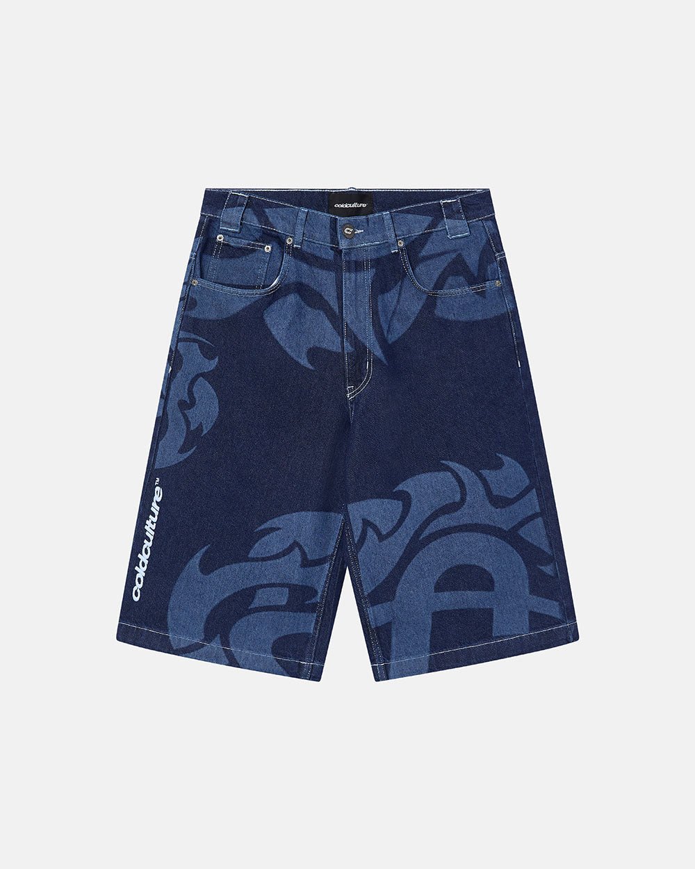 LASER DENIM BLUE JORTS - blue graphic print denim shorts, front view - Cold Culture #packshot