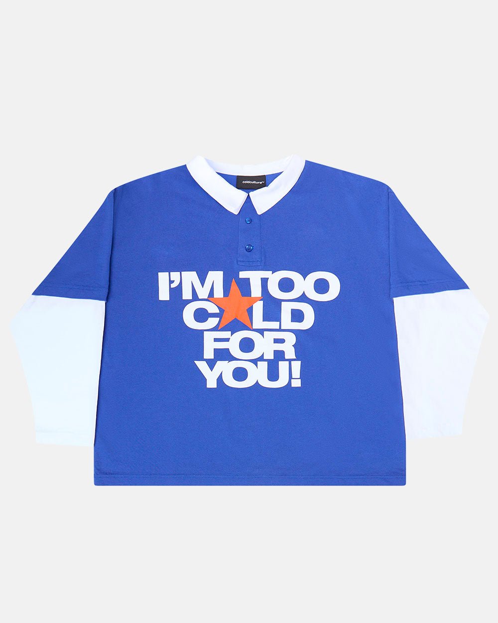 LAX LONGSLEEVE POLO INTENSE BLUE - blue and white longsleeve polo shirt, front view - Cold Culture #packshot