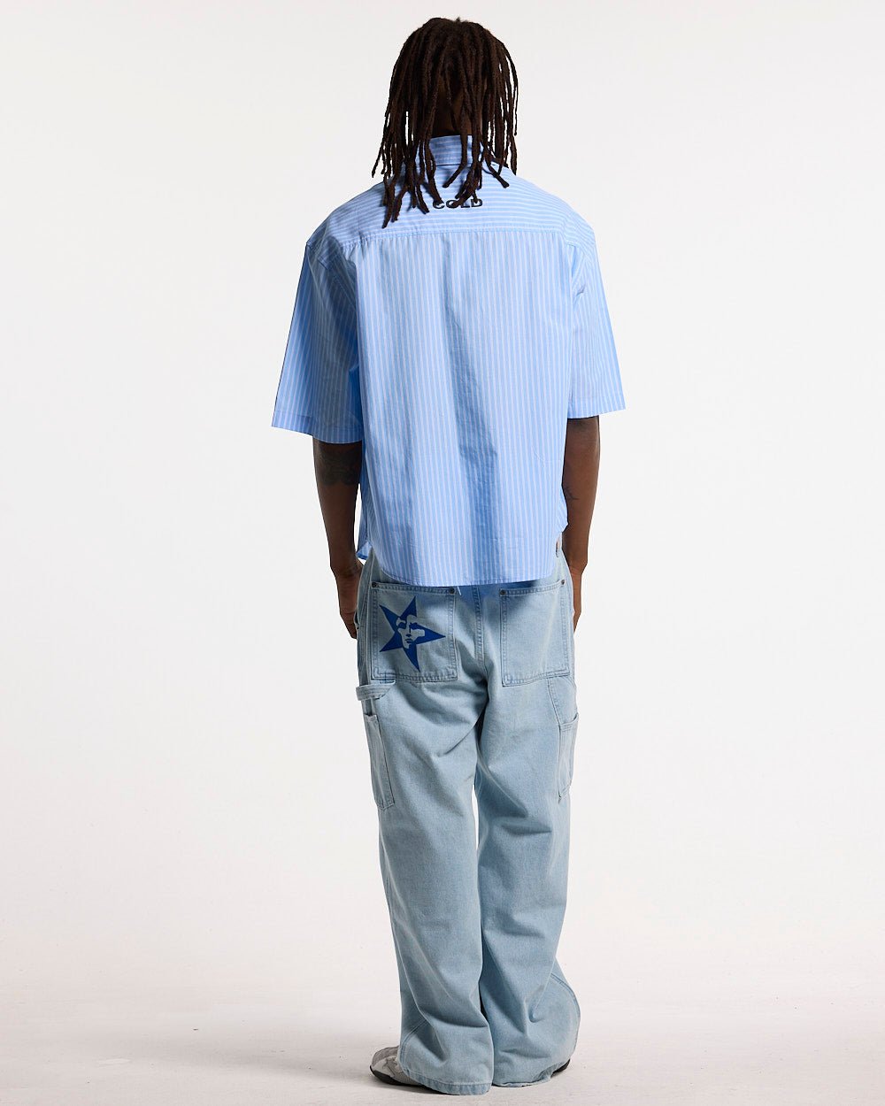 LEGACY SHIRT BLUE - blue striped short sleeve shirt, back view on male model - Cold Culture #man