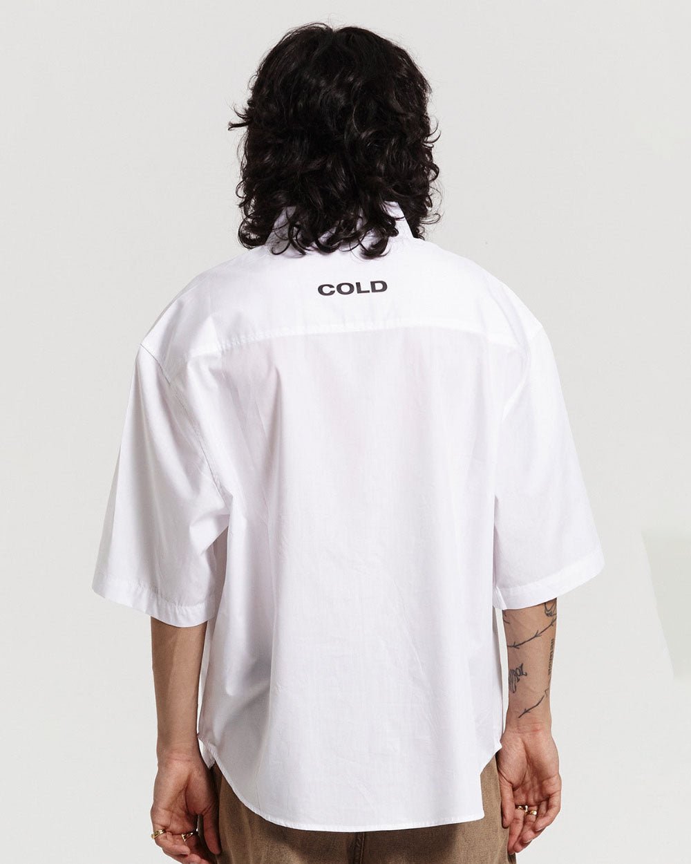 LEGACY SHIRT WHITE - white graphic print short sleeve shirt, back view on male model - Cold Culture #man