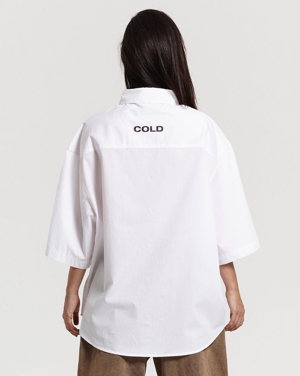 LEGACY SHIRT WHITE - white graphic print short sleeve shirt, back view on female model - Cold Culture #woman