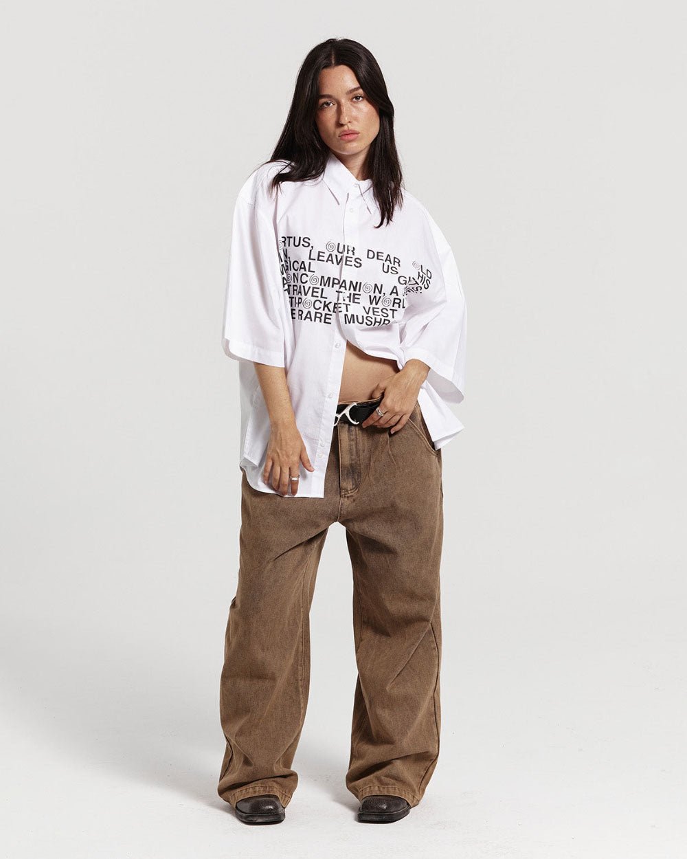 LEGACY SHIRT WHITE - white graphic print short sleeve shirt, front view on female model - Cold Culture #woman