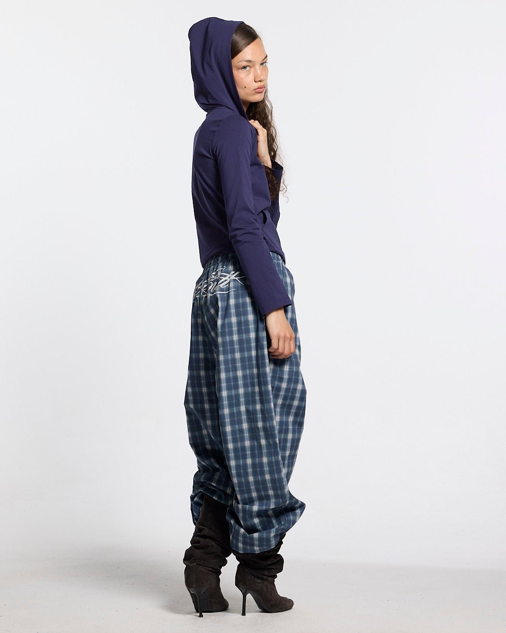 LIAR PANTS BLUE - blue plaid women's sweatpants, side view - Cold Culture #woman
