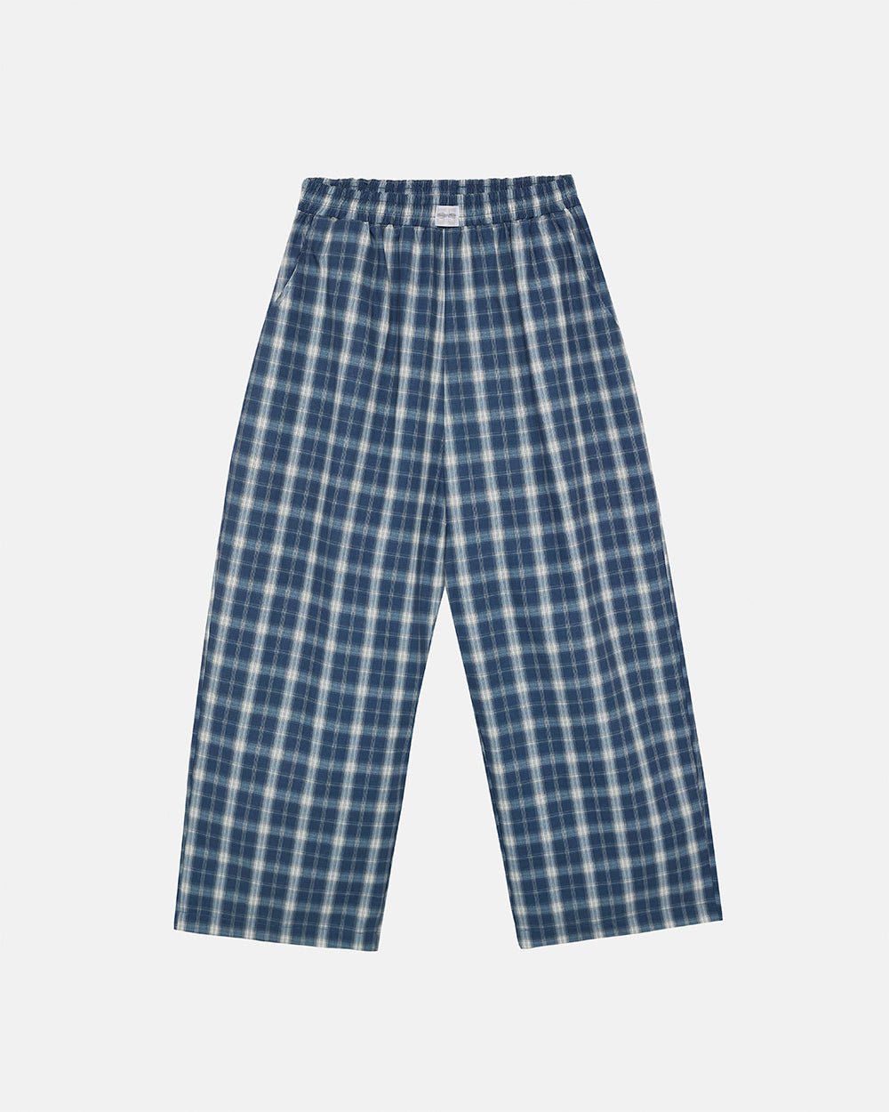 LIAR PANTS BLUE - blue plaid women's sweatpants, front view - Cold Culture #packshot