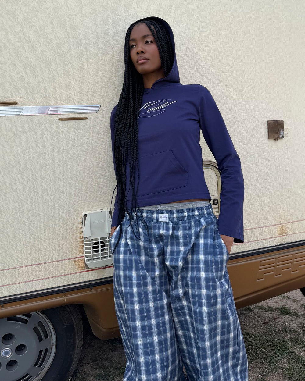 LIAR PANTS BLUE - blue plaid women's sweatpants, street style shot - Cold Culture #woman