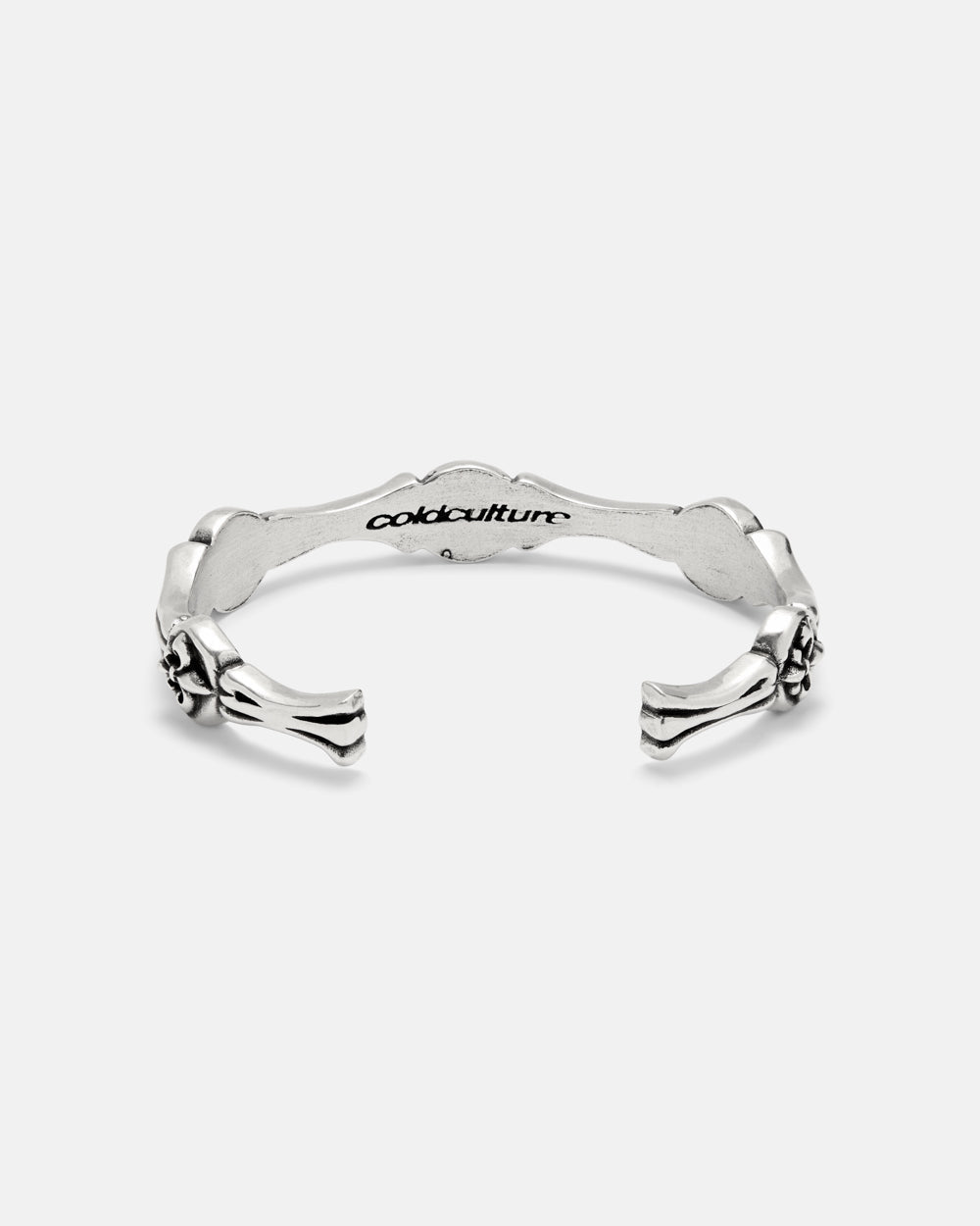 LIL ICON BRACELET SILVER - silver engraved cuff bracelet, back view - Cold Culture #packshot