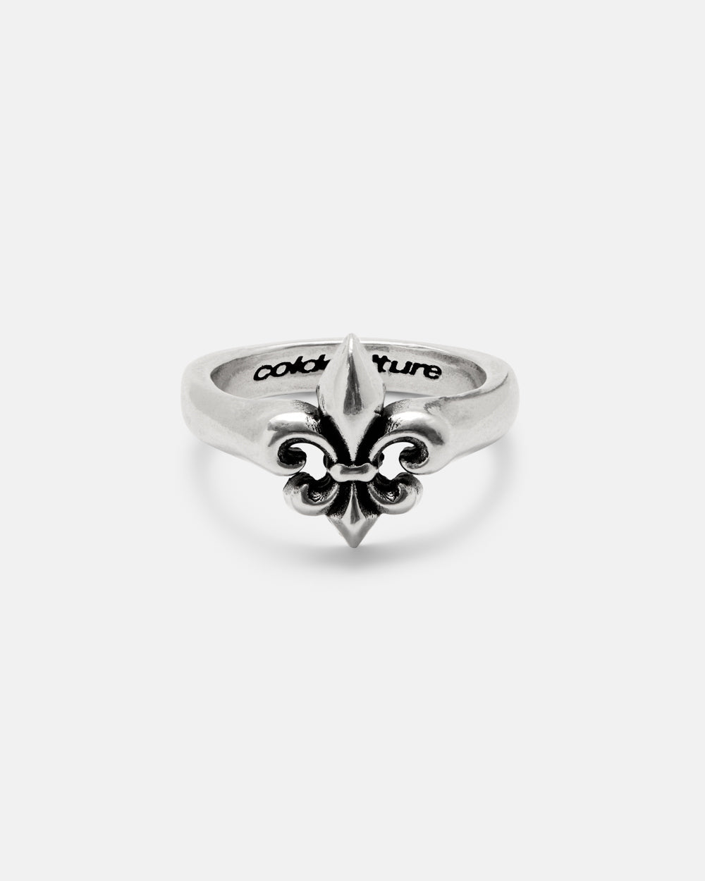 LIL ICON RING SILVER - silver fleur-de-lis ring, front view - Cold Culture #packshot