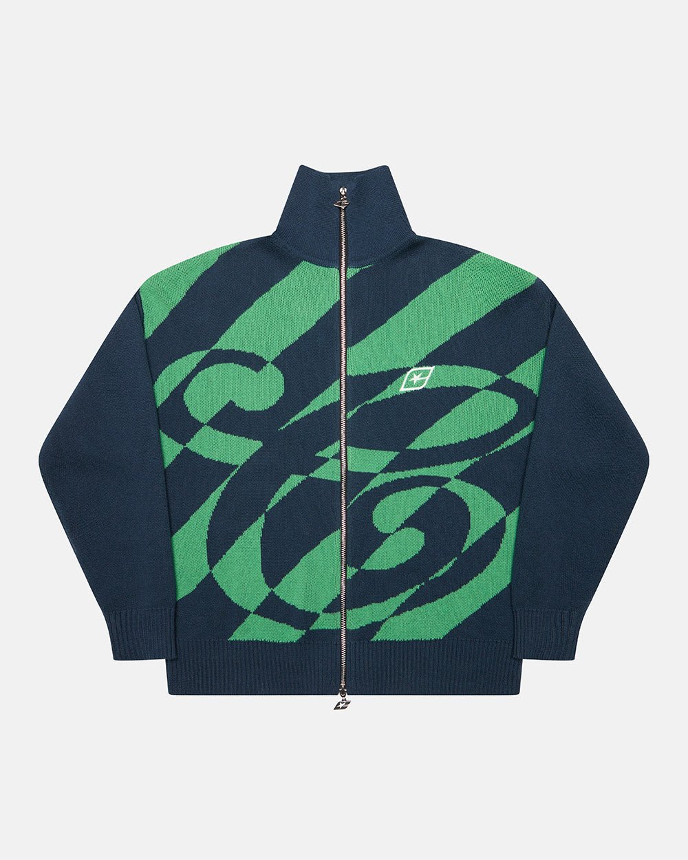 LINES FUSION KNIT GREEN & BLUE - green and navy striped knit sweater, front view - Cold Culture #packshot