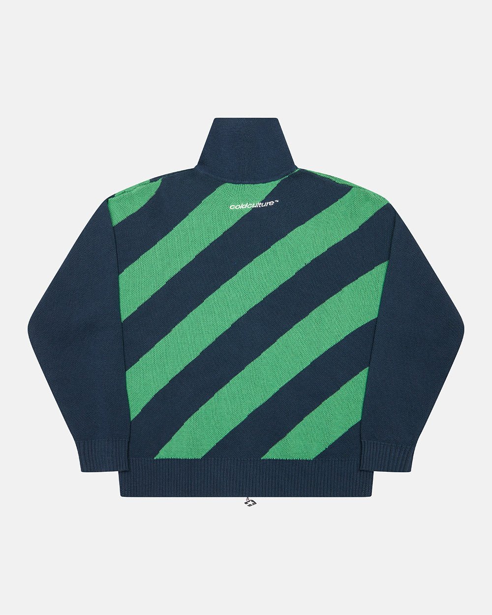 LINES FUSION KNIT GREEN & BLUE - green and navy striped knit sweater, back view - Cold Culture #packshot