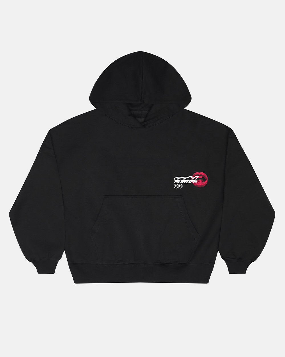 LIP COMBO HOODIE BLACK - black hoodie with lips graphic, front view - Cold Culture #packshot
