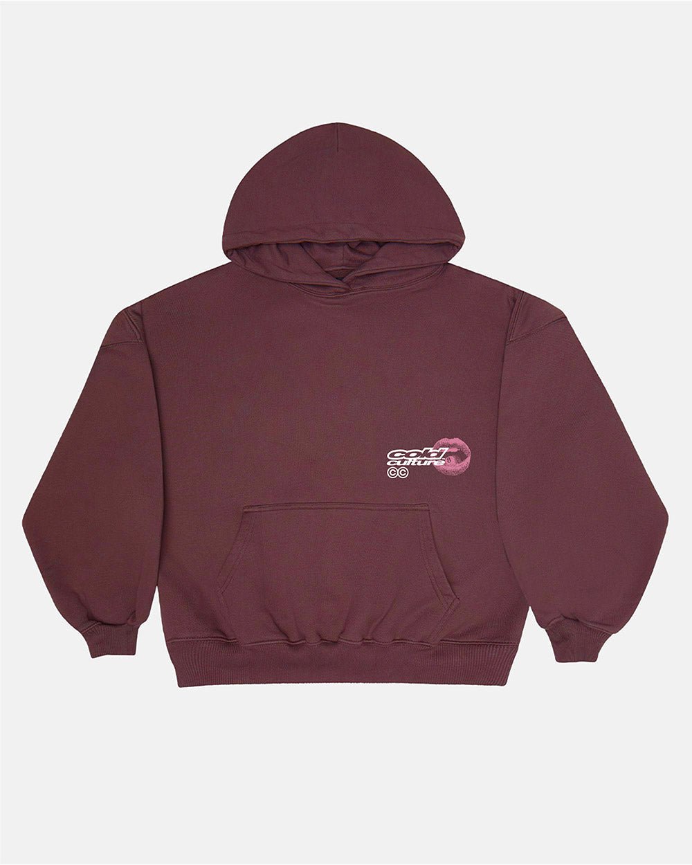 LIP COMBO HOODIE DARK BURGUNDY - dark burgundy graphic print hoodie, front view - Cold Culture #packshot