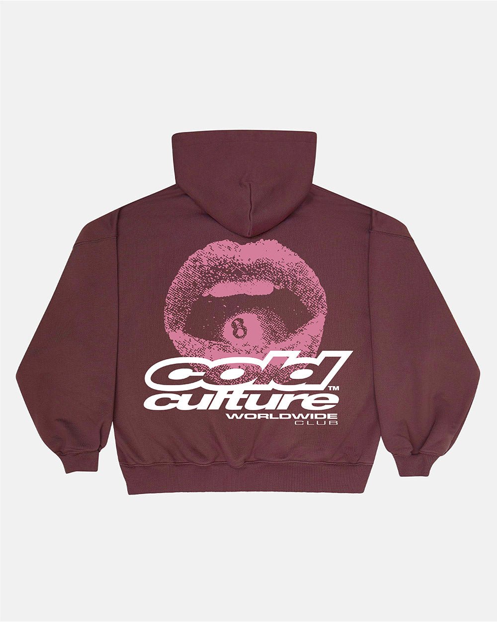 LIP COMBO HOODIE DARK BURGUNDY - dark burgundy graphic print hoodie, back view - Cold Culture #packshot