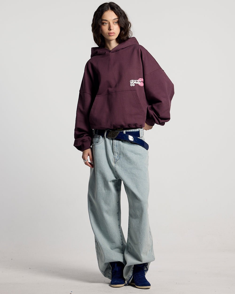 LIP COMBO HOODIE DARK BURGUNDY - dark burgundy graphic print hoodie, front view on female model - Cold Culture #woman