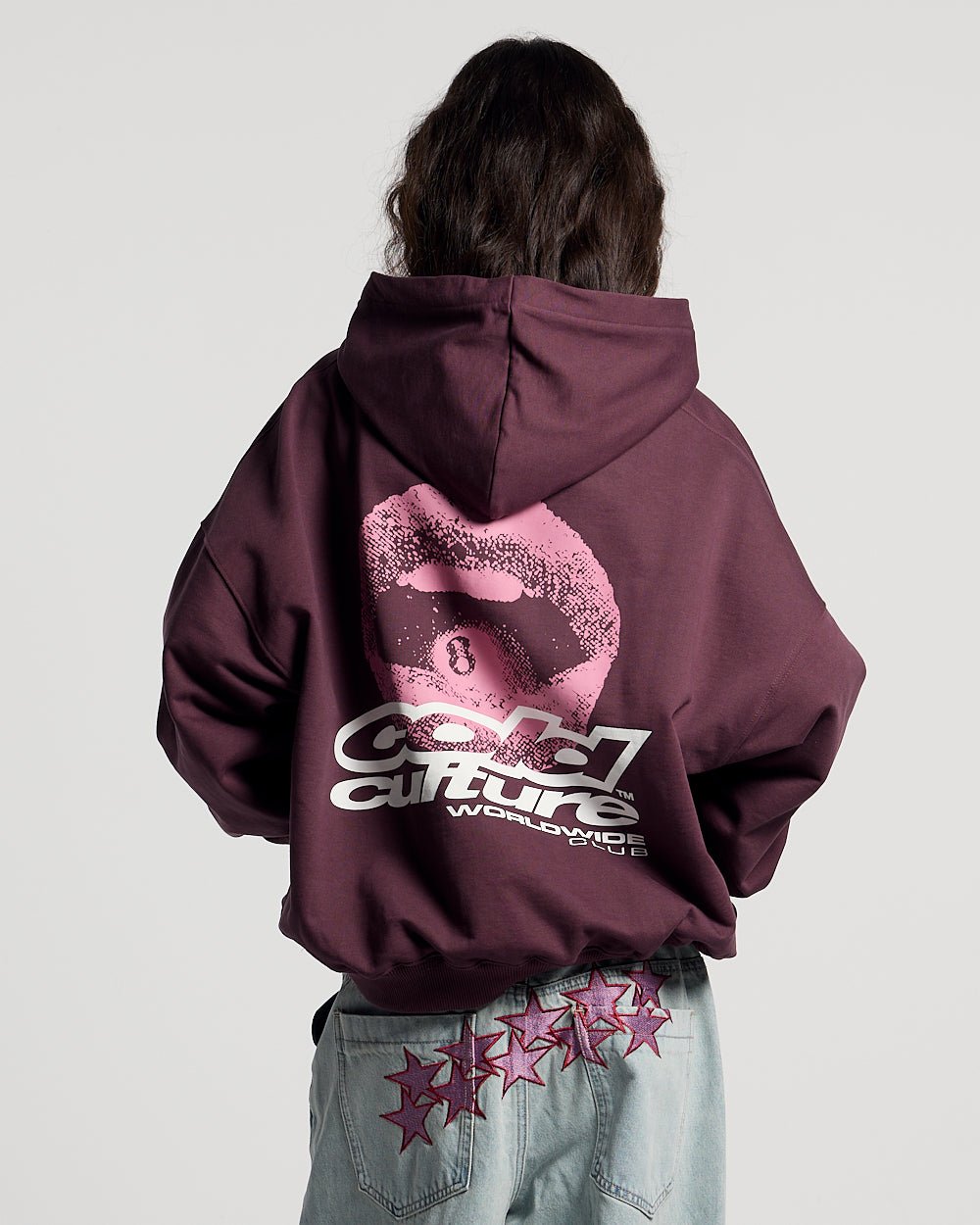 LIP COMBO HOODIE DARK BURGUNDY - dark burgundy graphic print hoodie, back view on female model - Cold Culture #woman