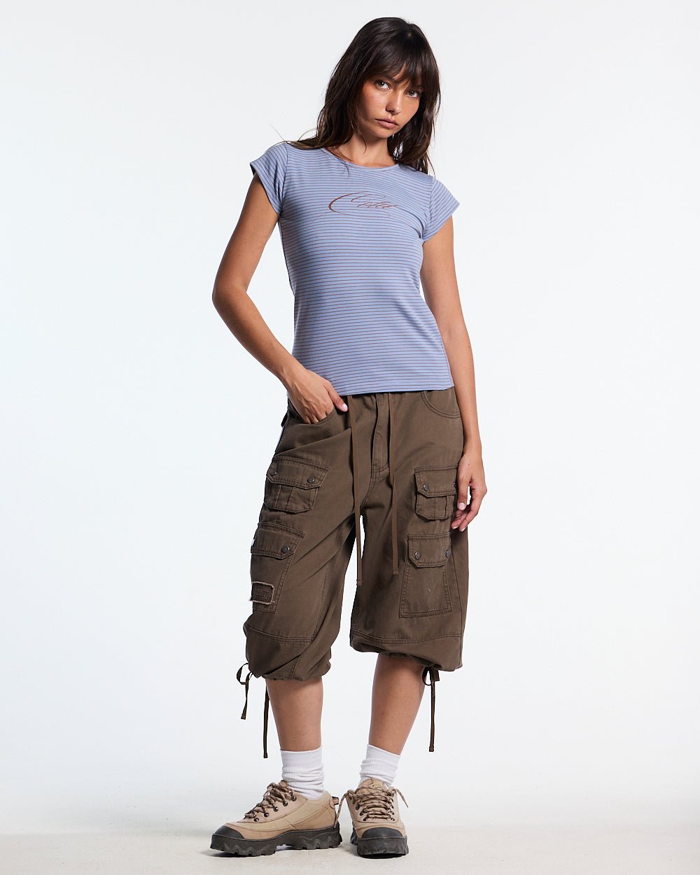 LISA BABY TEE BLUE - blue striped baby tee, front view on female model - Cold Culture #woman