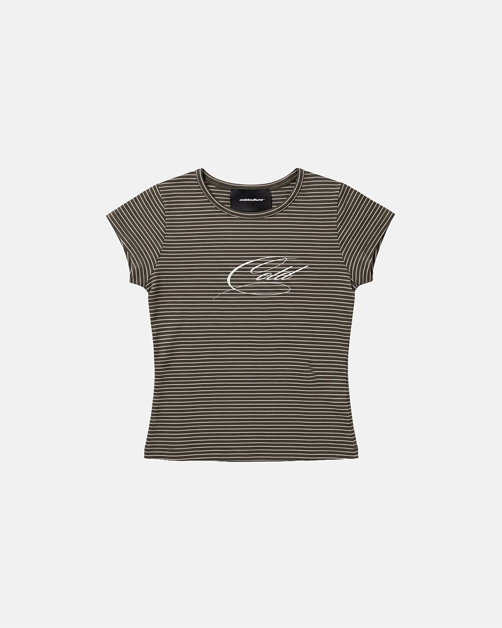 LISA BABY TEE DARK GREEN - dark green striped baby tee, front view - Cold Culture #packshot