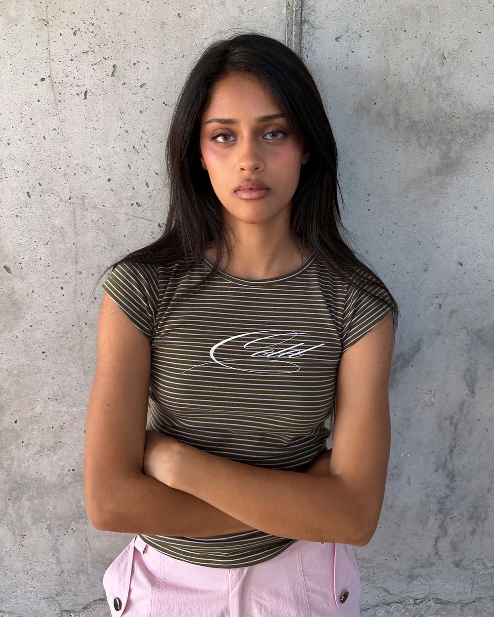 LISA BABY TEE DARK GREEN - dark green striped baby tee, street style shot - Cold Culture #woman