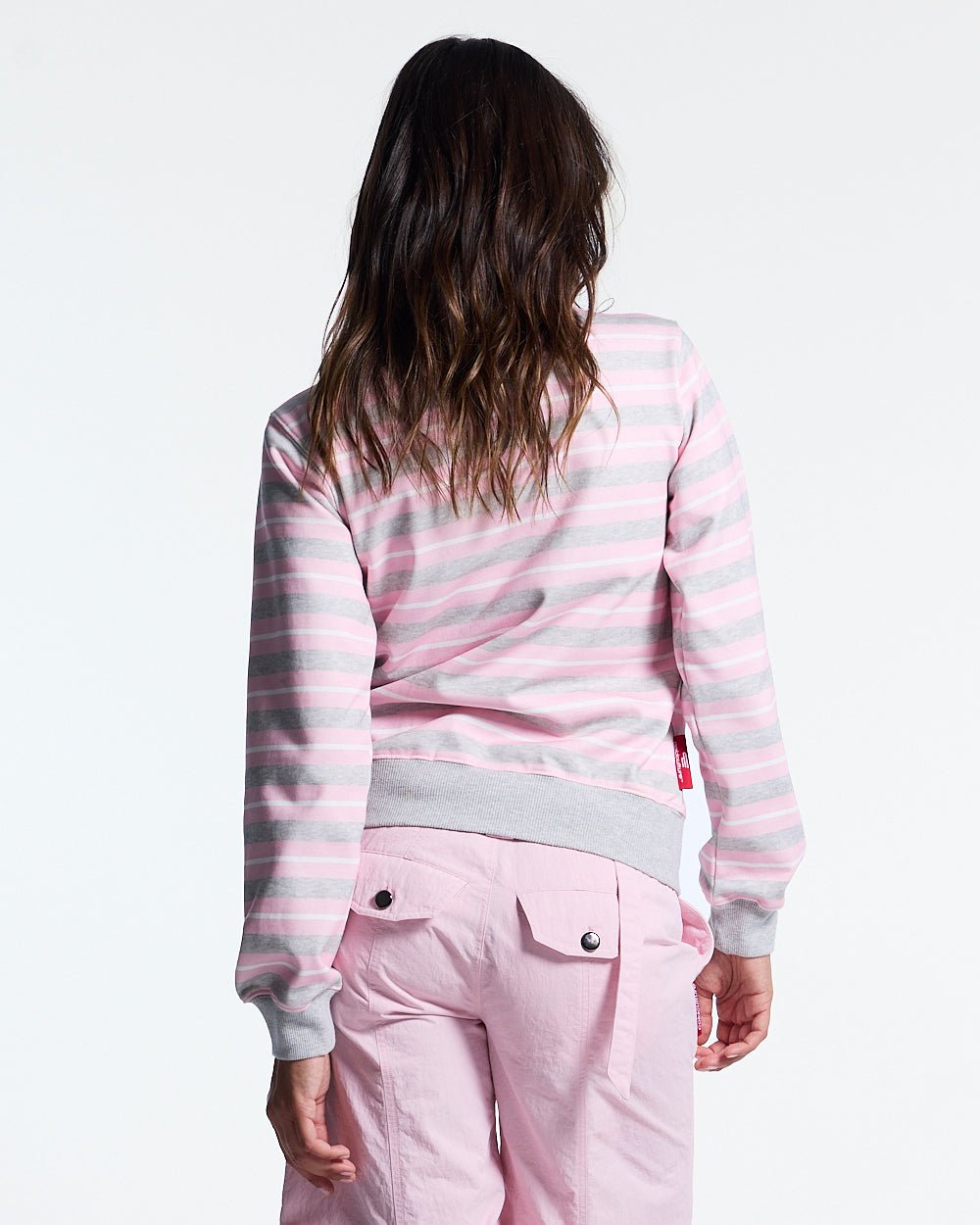 LISA ZIP HOODIE PINK - pink striped zip-up hoodie, back view on female model - Cold Culture #woman