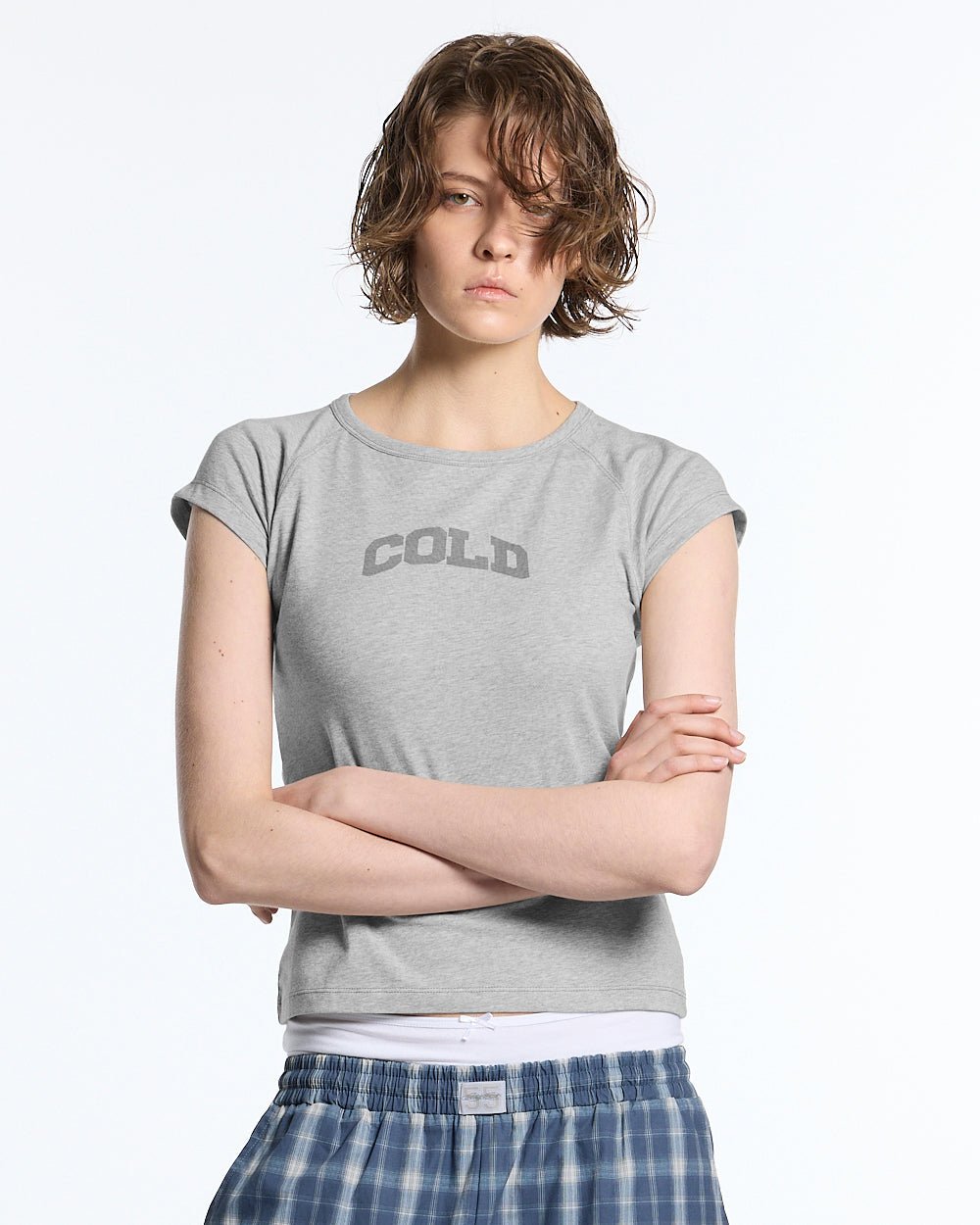 LITTLE BABY TEE HEATHER GREY - heather grey graphic baby tee, front view on female model - Cold Culture #woman