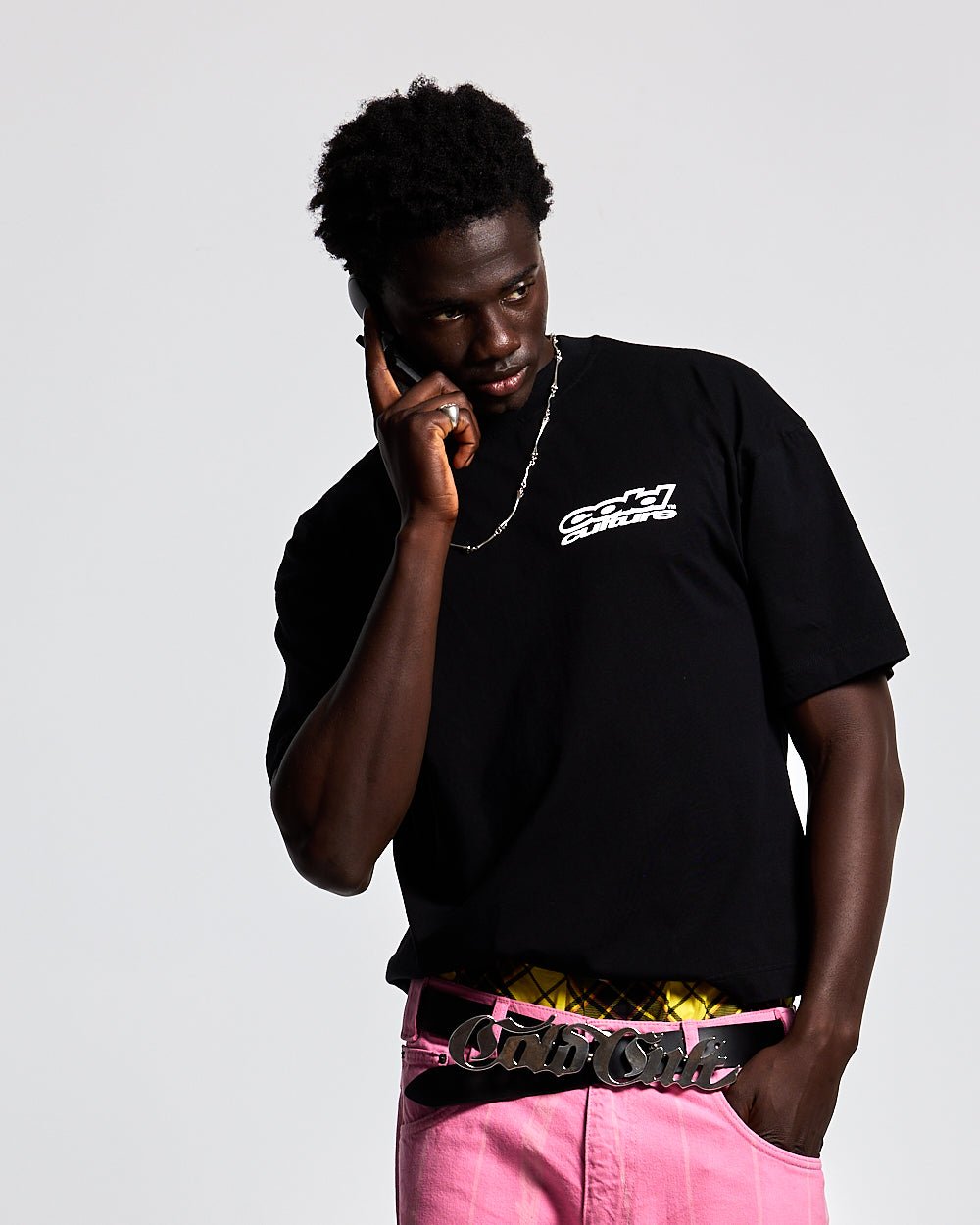LOLLIPOP TEE BLACK - black graphic print tee, front view on male model - Cold Culture #man