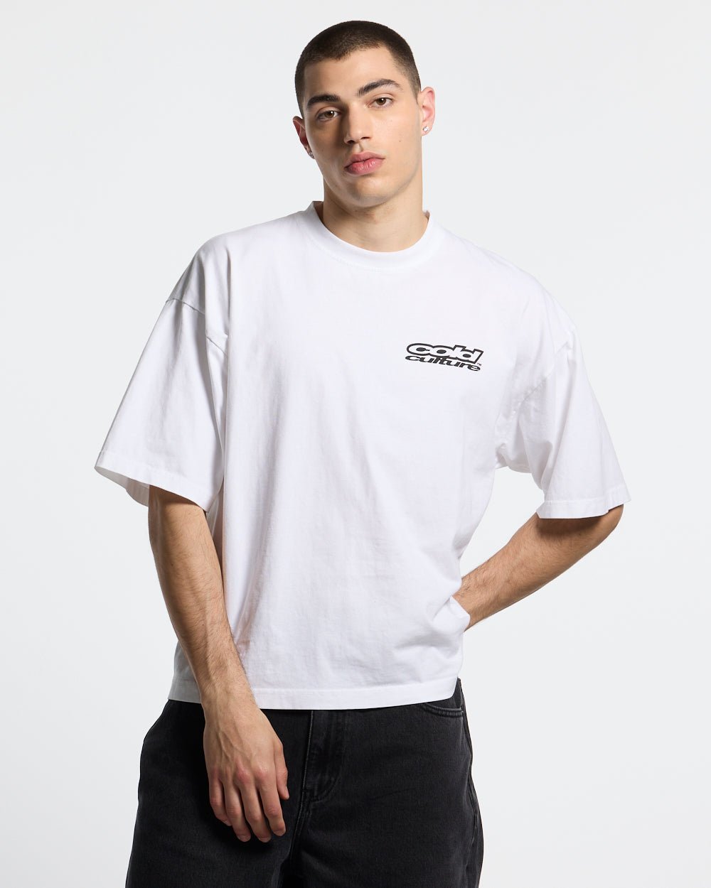 LOLLIPOP TEE WHITE - white oversized graphic tee, front view on male model - Cold Culture #man