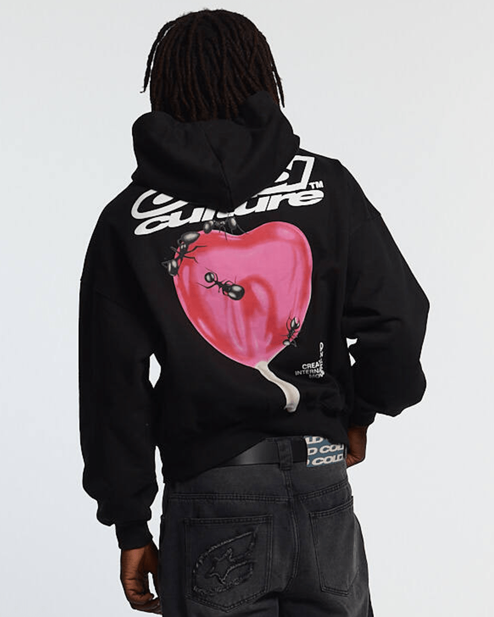 LOLLIPOP ZIP HOODIE BLACK - black graphic print zip-up hoodie, back view on male model - Cold Culture #man