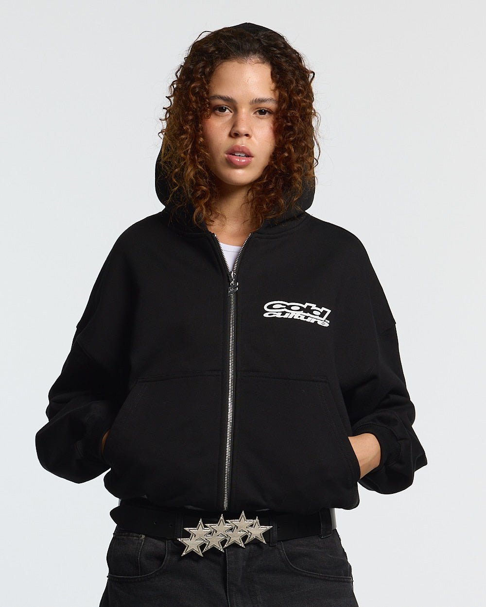 LOLLIPOP ZIP HOODIE BLACK - black graphic print zip-up hoodie, front view on female model - Cold Culture #woman
