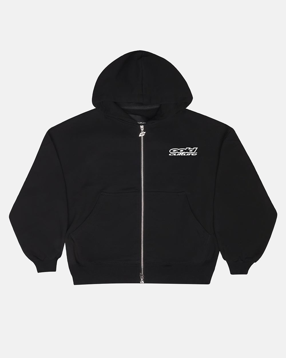 LOLLIPOP ZIP HOODIE BLACK - black graphic print zip-up hoodie, front view - Cold Culture #packshot