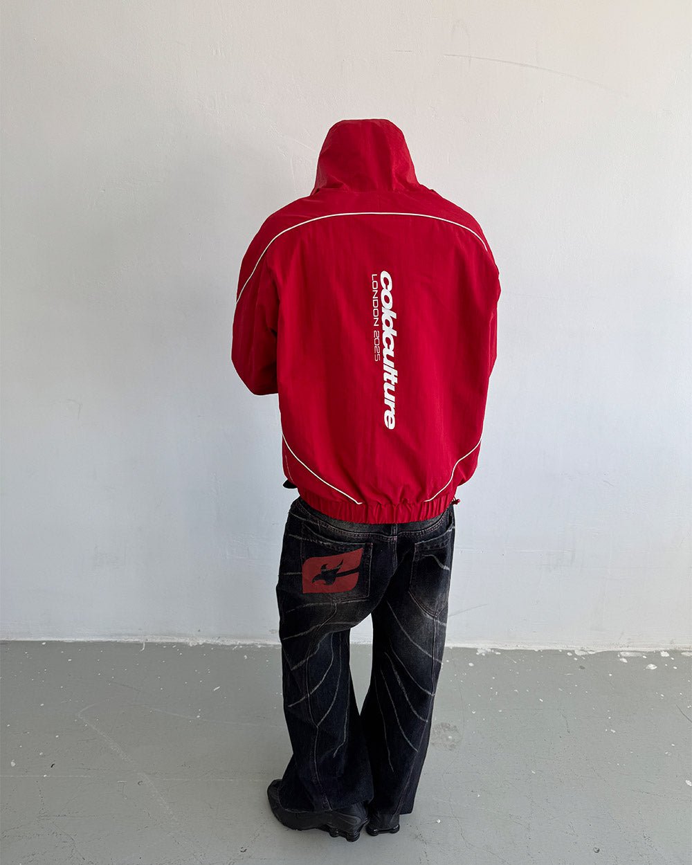LONDON SET JACKET RED - red hooded track jacket, back view on male model - Cold Culture