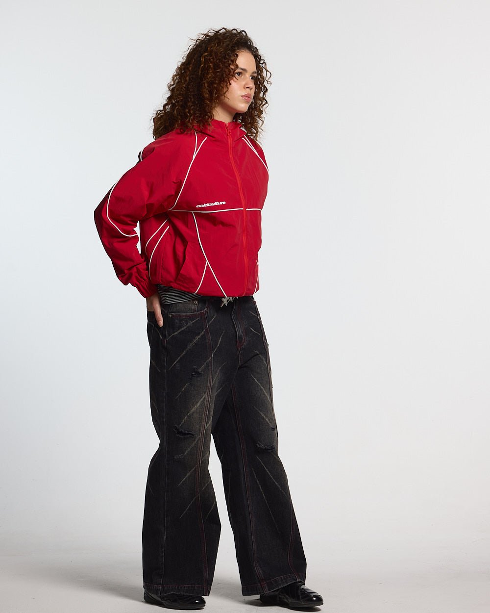 LONDON SET JACKET RED - red hooded track jacket, front view on female model - Cold Culture #woman