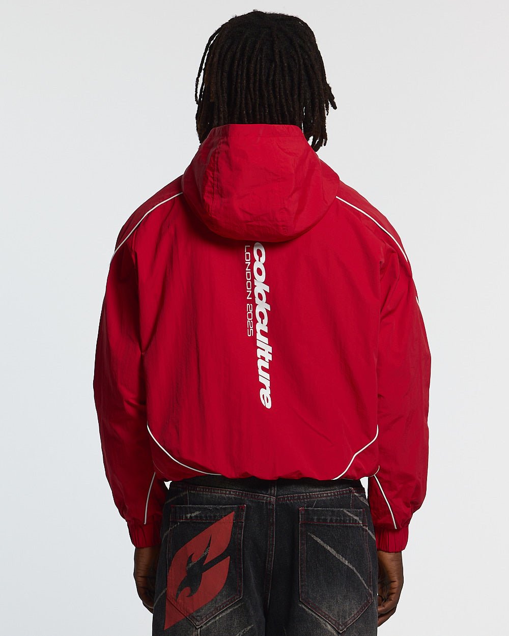 LONDON SET JACKET RED - red hooded track jacket, back view on male model - Cold Culture