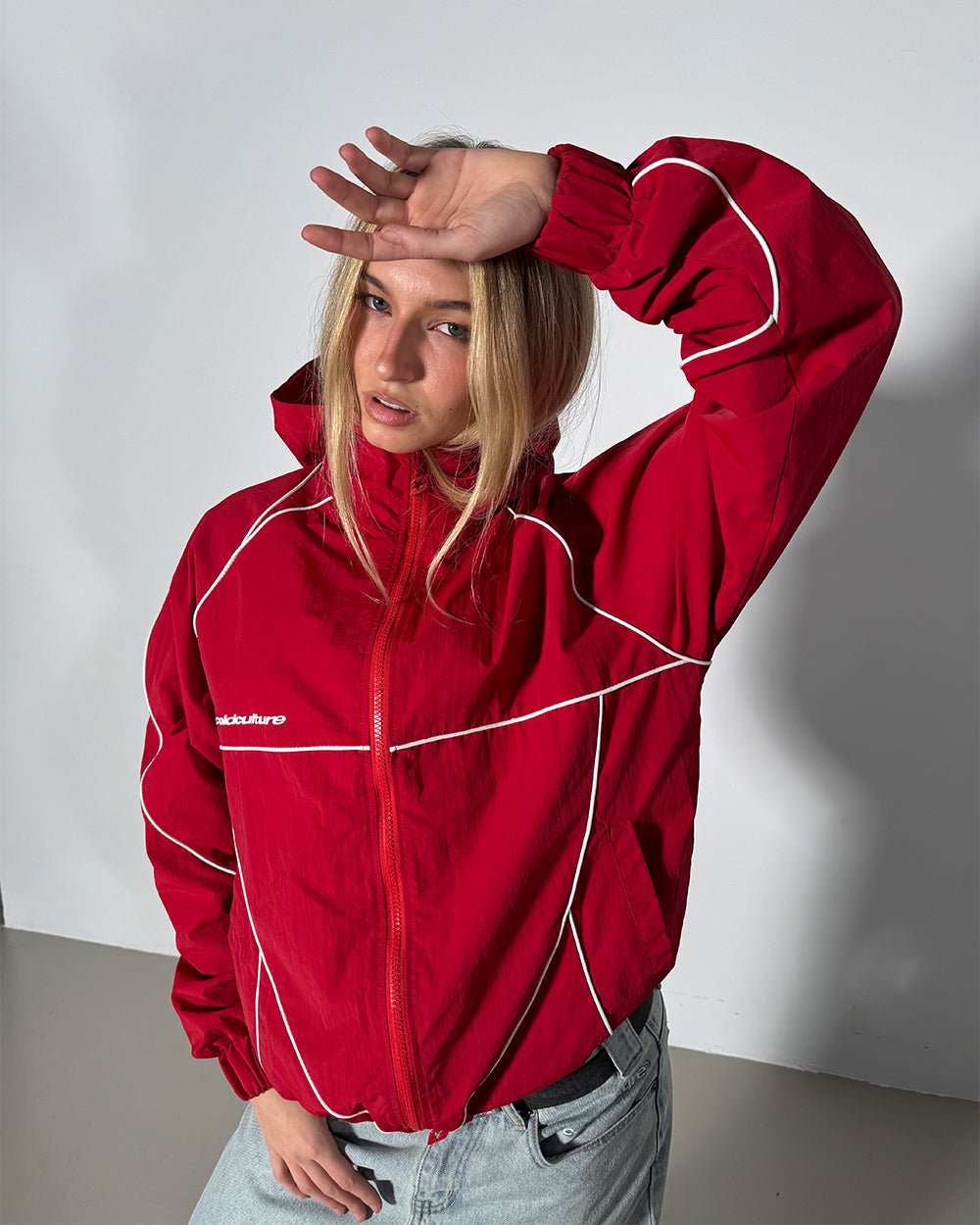 LONDON SET JACKET RED - red hooded track jacket, front view on female model - Cold Culture #woman