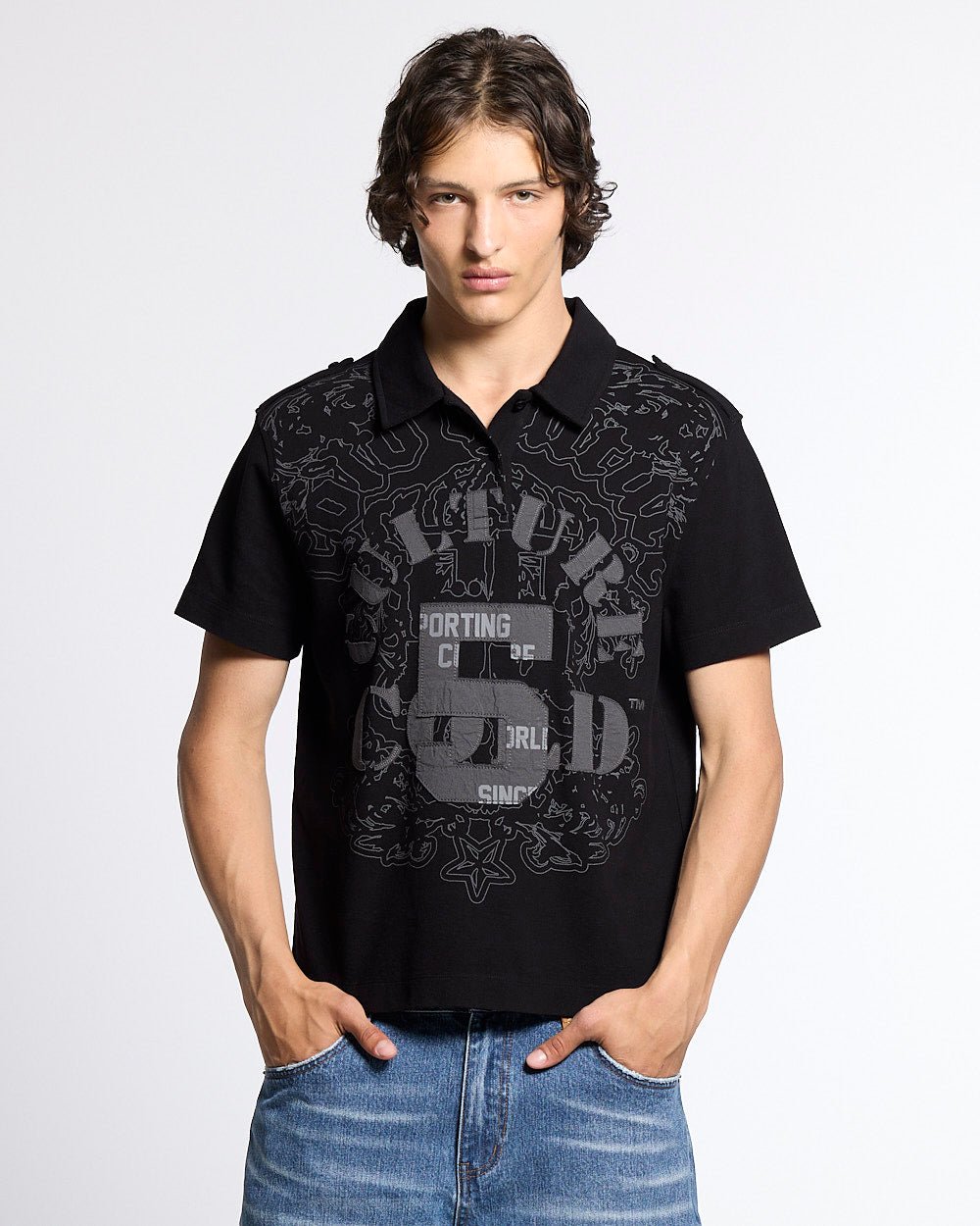 LOOPING POLO BLACK - black graphic print polo shirt, front view on male model - Cold Culture #man