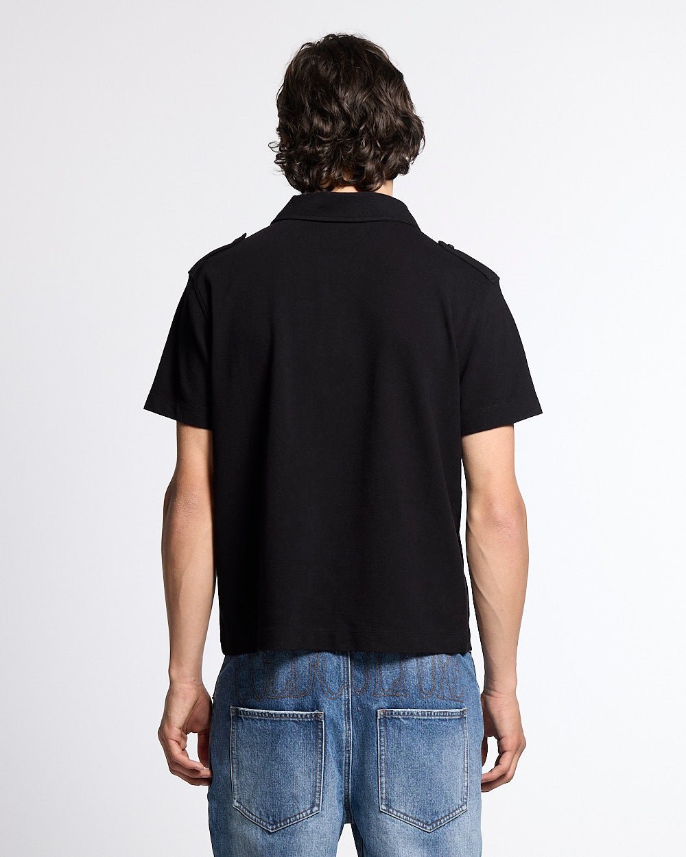 LOOPING POLO BLACK - black graphic print polo shirt, back view on male model - Cold Culture #man