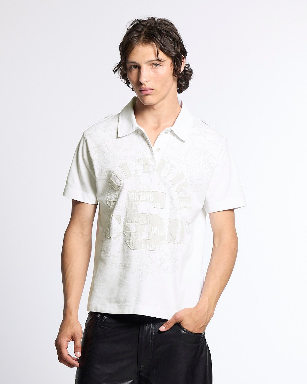 LOOPING POLO WHITE - white graphic print polo shirt, front view on male model - Cold Culture #man
